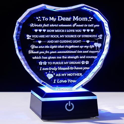 Arikyrist Gifts for Mom with Colorful LED Base Moms Birthday Gifts from Daughter Son to My Mom Gift Crystal Heart Keepsake Best Mother Presents Idea for Christmas Mother's Day Valentine - style: Mom Gifts + Light Base