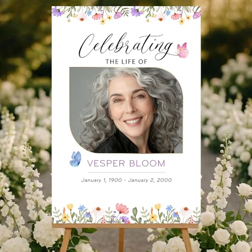Personalized Celebration of Life Welcome Sign with Photo, Obituary Welcome Sign with Name and Date, Celebrating a Beautiful Life Butterfly Flower Tribute, Butterfly Flower Remembrance Decor, Custom Funeral Welcome Sign (Edition 1) - color: Edition 1