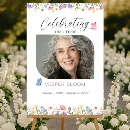 Personalized Celebration of Life Welcome Sign with Photo, Obituary Welcome Sign with Name and Date, Celebrating a Beautiful Life Butterfly Flower Tribute, Butterfly Flower Remembrance Decor, Custom Funeral Welcome Sign (Edition 1) - color: Edition 1