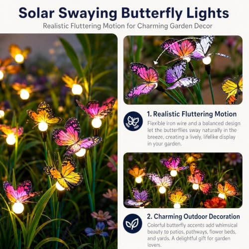 Solar Garden Lights 2 Pack, Upgraded Swaying Butterfly Light,Outdoor Light, Decorative Lights Yard Patio Pathway Decoration, Larger Solar Panel & Better Sway Effect (2 Pack) - size: 2 Pack