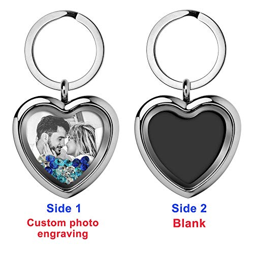 Custom Photo Text Engraved Heart Floating Living Locket Crystal Pendant Keychain - color: Blue - 1 Photo Engraving