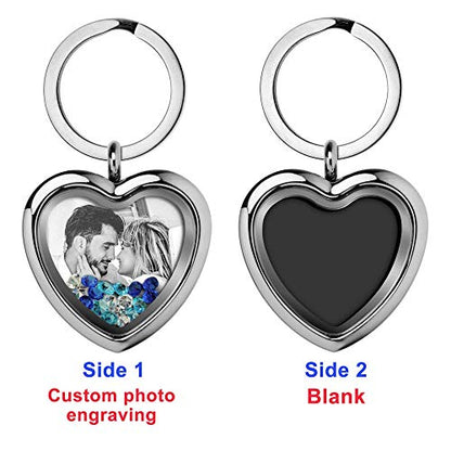 Custom Photo Text Engraved Heart Floating Living Locket Crystal Pendant Keychain - color: Blue - 1 Photo Engraving