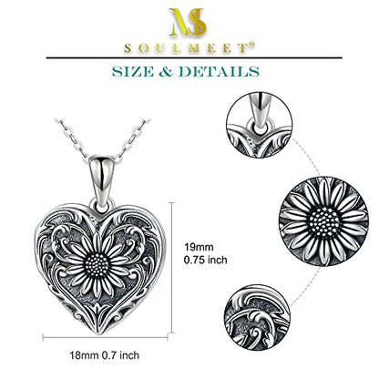 SOULMEET Personalized Silver Locket Necklace That Holds Pictures Photo Keep Someone Near to You, Memorial Custom Lockets Necklaces Letters Engraving for His Her - color: A-Sunflower-Black, style: Locket+Custom Photo+Engraved