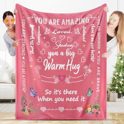 Warm Hug Get Well Throw Blanket Gifts for Women 52'' x 60'' | You're Loved Blankets with Inspirational Words after Surgery Cancer Recovery Gifts for Friends,Sister,Daughter - color: Pink Warm Hug