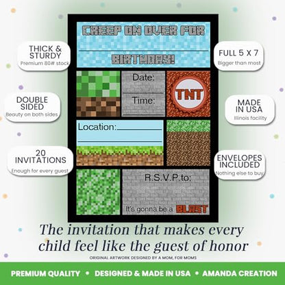 Amanda Creation Pixel Miner Birthday Invitations, 20 Pack 5x7 Fill-In Video Game Birthday Invitations for Boys with White Envelopes, Made in USA - color: Creepy Pixel Miner