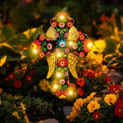 Solar Cross Lights with Angel Wings, Pink and Gold Floral Design, Memorial Garden Stake, Warm White LED, Weather Resistant, 36 Inch - color: Pink and Gold Floral