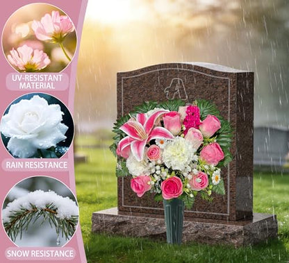 Artificial Cemetery Flowers,Memorial Flowers,Beautiful Arrangements for Headstones,Silk Lily Rose Carnation