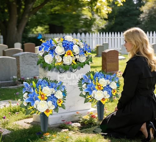 MUVIC Artificial Cemetery Flower Bouquets and Headstone Flower Saddle for Grave,Three-Piece Set:Rose,Rose Lily Hydrangea Cymbidium Daisy, Easy Fit and Colorfast