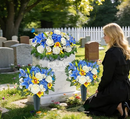 MUVIC Artificial Cemetery Flower Bouquets and Headstone Flower Saddle for Grave,Three-Piece Set:Rose,Rose Lily Hydrangea Cymbidium Daisy, Easy Fit and Colorfast