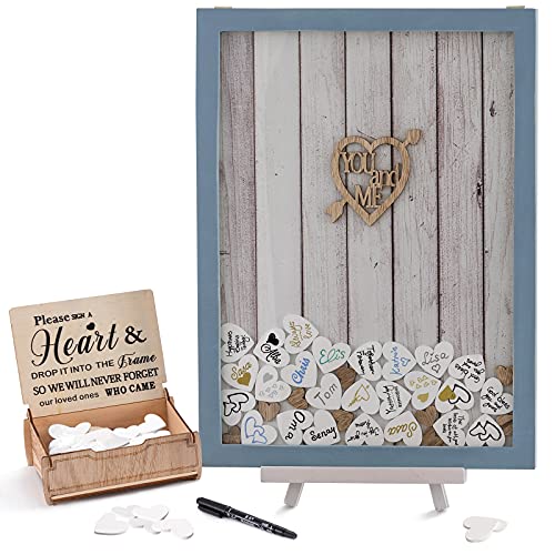 Y&K Homish Wedding Guest Book Wooden Picture Frame, Drop Top Frame Sign Book with 100PCS Wooden Hearts, Rustic Wedding Decorations and the Wedding Gift Ocean Blue