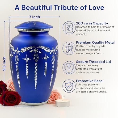 Cremation Urn for Human Ashes Adult (200 lbs) – Blue Large Metal Funeral Urn for Men & Women, Decorative Memorial Urn with Secure Lid