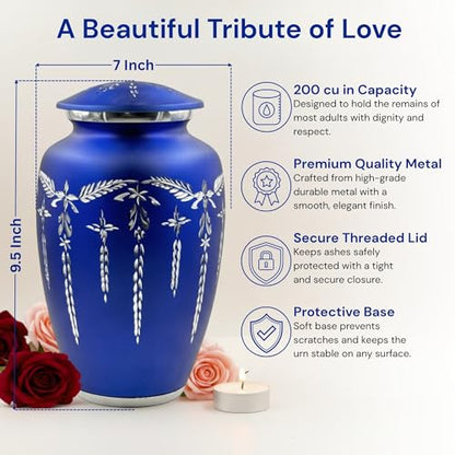 Cremation Urn for Human Ashes Adult (200 lbs) – Blue Large Metal Funeral Urn for Men & Women, Decorative Memorial Urn with Secure Lid