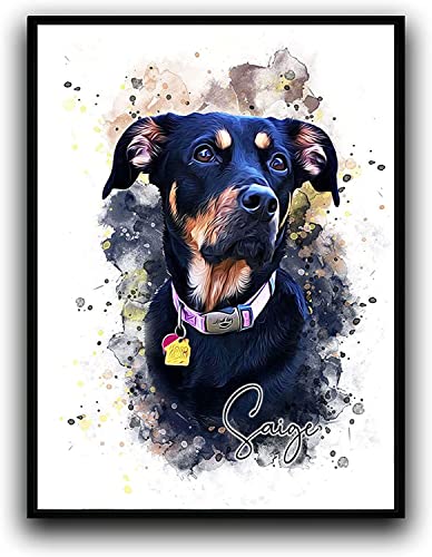 Custom Dog/Cat Portrait Watercolor Painting Framed Canvas Prints with Your Photos Wall Art for Home Decoration, Personalized Memorial Gift for Pet Lovers Dog Moms (12x16 inches, Black Frame) - color: Black Frame, size: 16"L x 12"W