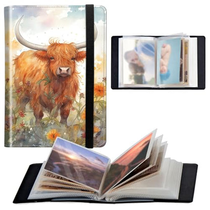 Photo Album 4x6 120 Pockets Photos with Elastic Band, Cute PU Leather Photo Books Small Mini Capacity Picture Album for Family Wedding Travel Anniversary Baby Vacation Pictures, Highland Cow - color: Highland Cow