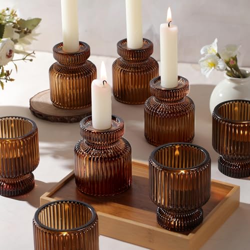 DARJEN 12 Pcs Glass Candlestick Holders- Amber Taper Candlestick Holders Tealight Votive Candle Holders for Table Centerpieces, Wedding, Dinner Party, Home Decor - color: Amber, size: 12Pcs