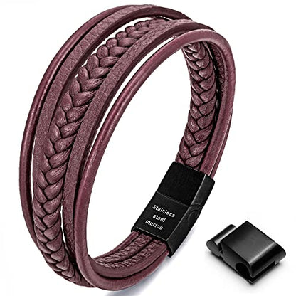 Mens Leather Bracelet with Clasp Cowhide Multi-Layer Braided Leather Mens Bracelet - style: Wine Red&Black Clasp 8.5