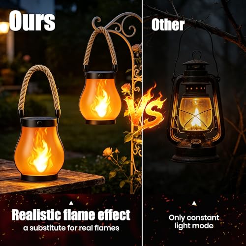 Solar Lanterns Outdoor Waterproof,2 Pack Flickering Flame Hanging Lanterns | 2 Modes Dual Charging Solar & USB for Garden Yard Patio Porch Tree Decor