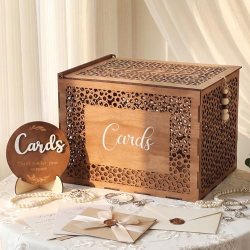 Wedding Card Box with Sign Boho Rustic Wood Gift Card Box Vintage Money Cards Holder for Wedding Baby Shower(Classic,Brown,11.4 x 9 x 8.5 Inches) - style: Classic