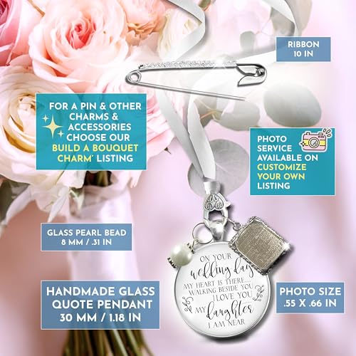 Gutsy Goodness Bouquet Charm On Your Wedding Day Memorial Honoring Mom Dad Grandma Grandpa Meaningful Bridal Floral Jewelry Silver Finish Pendant Bride's Flowers Photo Frames Parent Grandparent - color: White Bead, style: My Daughter | 1 Frame