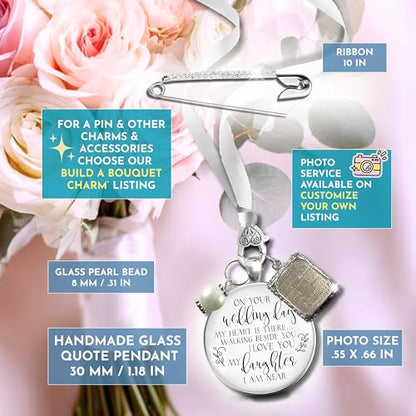 Gutsy Goodness Bouquet Charm On Your Wedding Day Memorial Honoring Mom Dad Grandma Grandpa Meaningful Bridal Floral Jewelry Silver Finish Pendant Bride's Flowers Photo Frames Parent Grandparent - color: White Bead, style: My Daughter | 1 Frame