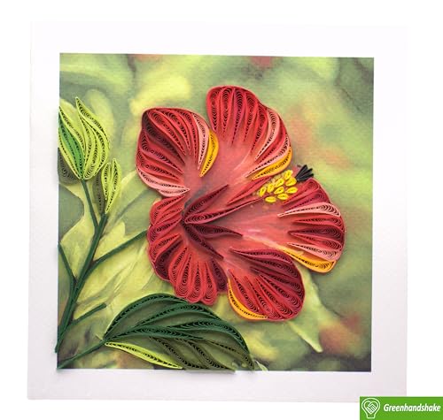 GREENHANDSHAKE Hibiscus Flower, quilling art greeting card for birthday, valentine's day, mother's day, anniversary, thank you, get well, 6" x 6" - style: Hibiscus Flower