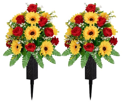 XIAYAN Artificial Cemetery Flowers 2 Sets, Realistic red Roses & Yellow Sunflower - Outdoor Grave Decorations with Non-Bleed Colors, Easy to Install (Yellow+Red) - color: Yellow+red