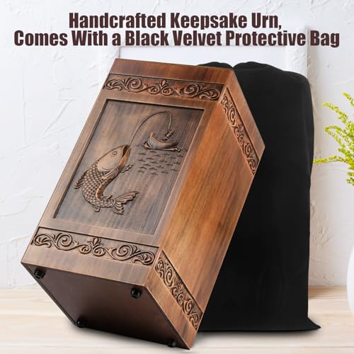 Wooden Urn for Ashes Adult Male Female, Cremation Urns for Human Ashes Adult Men Women, Decorative Burial Funeral Memorial Fishing Urns for Ashes, Urn Box Holds 250 Cubic Inches (Fishing)