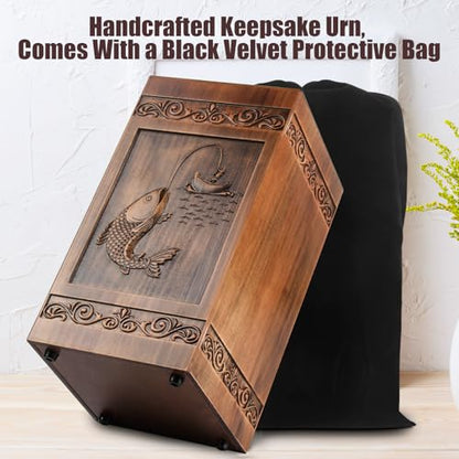 Wooden Urn for Ashes Adult Male Female, Cremation Urns for Human Ashes Adult Men Women, Decorative Burial Funeral Memorial Fishing Urns for Ashes, Urn Box Holds 250 Cubic Inches (Fishing)