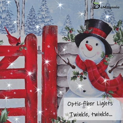 DEMAGNNIE Lighted Canvas Art 6H Timer 8x6 Snowman Tabletop Wall Dual Use - color: Snowman at Garden Gate, size: 8"L x 6"W