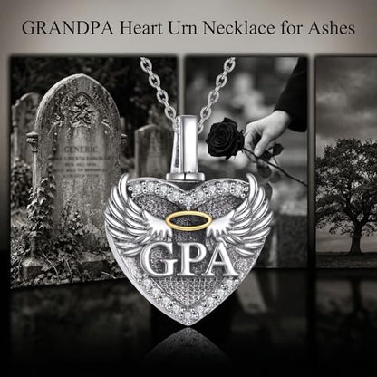 Family Members Urn Necklace for Ashes 925 Sterling Silver Angel Wings Heart Cremation Memorial Keepsake Pendant Jewelry for Loved One's Ashes, with 18" + 2" Stainless Steel Chain - style: Heart-Grandpa
