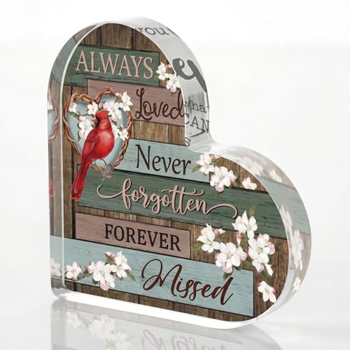 Smile Memorial Acrylic Tabletop Plaque, Heart Shaped Cardinal Bird Floral Always Loved Never Forgotten Themed Sign for Bereavement Gift and Home Decor - style: Memorial Bird