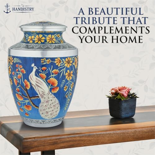 Elegant Peacock Cremation Urn for Human Ashes Adult – Blue Floral Memorial Urn for Men & Women, Handcrafted Metal Funeral Urn, Secure Lid, 200 Cubic Inches - size: 10.1 Inch