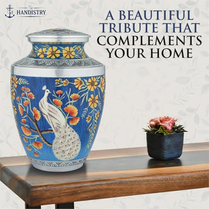 Elegant Peacock Cremation Urn for Human Ashes Adult – Blue Floral Memorial Urn for Men & Women, Handcrafted Metal Funeral Urn, Secure Lid, 200 Cubic Inches - size: 10.1 Inch