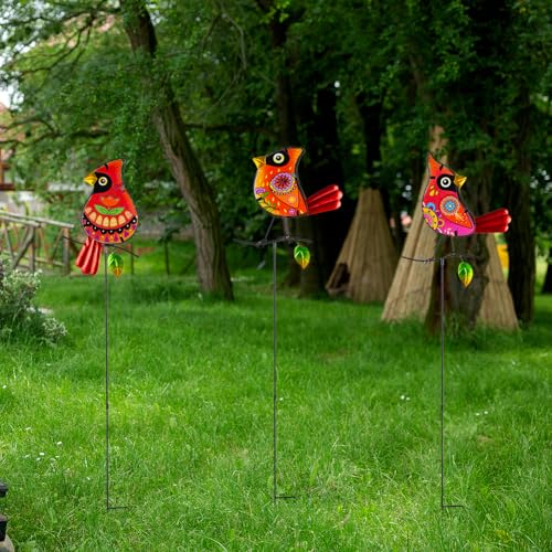 Set of 3 Cardinal Stained Glass Decorative Garden Stakes - color: Cardinal
