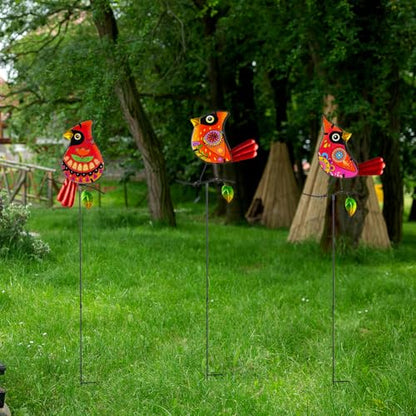 Set of 3 Cardinal Stained Glass Decorative Garden Stakes - color: Cardinal