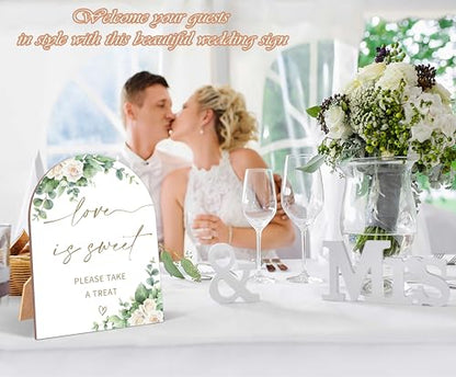 White Rose Love is Sweet Sign, Wedding Ceremony Signs, 6 x 8 Inch Arch Wooden Tabletop Sign with Stand, Wedding Reception Decoration Supplies (BJ05) - color: Love is Sweet
