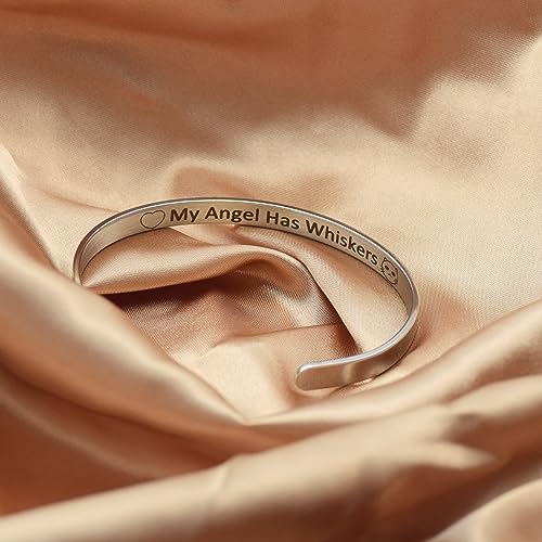 Cat Cuff Bracelet Women Pet Memorial Bangle Cute My Angel has Whiskers Cartoon Engraved Stainless Steel Heart Shape Jewelry Gifts
