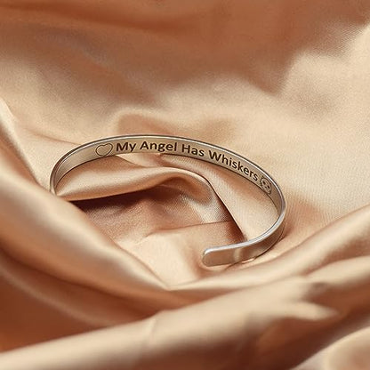 Cat Cuff Bracelet Women Pet Memorial Bangle Cute My Angel has Whiskers Cartoon Engraved Stainless Steel Heart Shape Jewelry Gifts