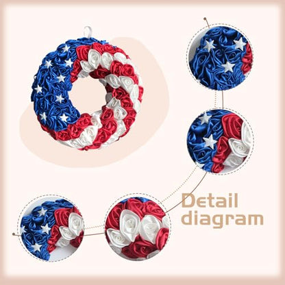 14 Inch Patriotic Roses Handcrafted Wreath, Artificial 4th of July Soft Touch Silk Roses and Metal Stars Wreath for Front Door, Memorial Day for Indoor and Outdoor - size: 14 Inch