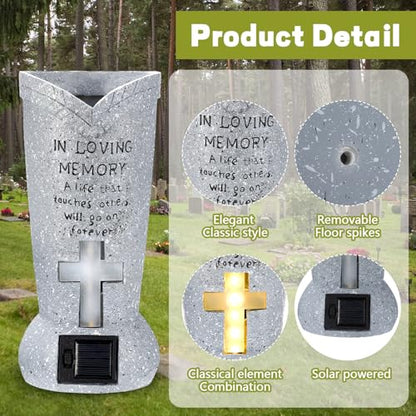 DoubleFill 2 Pcs Solar LED Cemetery Grave Vase with Spike,Cylinder | Weatherproof Resin Headstones Flower Vases, Auto Dusk LED Cross Light, Spike Ground Mount, Loss Loved Tribute, Garden Decor - style: Cylinder