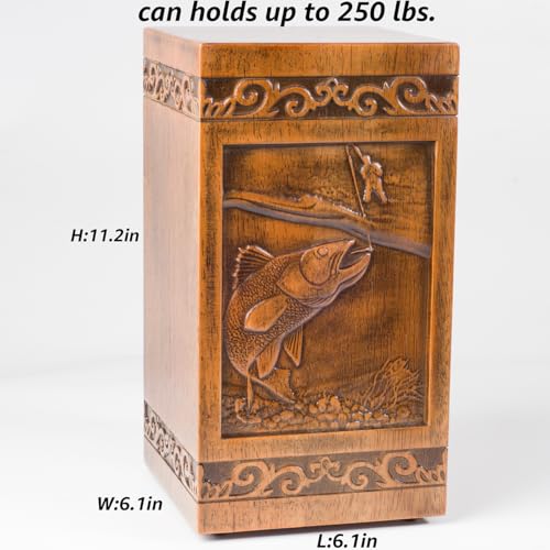 Wooden Cremation Urn for Human Ashes, Adult, Male/Female, Large, Design, 250 lbs Capacity (Walnut Wood Color, 250LBS, Fishing)