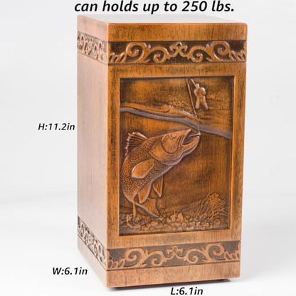 Wooden Cremation Urn for Human Ashes, Adult, Male/Female, Large, Design, 250 lbs Capacity (Walnut Wood Color, 250LBS, Fishing)