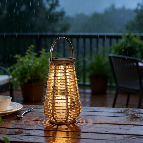 Hanging Solar Lanterns Outdoor Waterproof, Hand-Woven Hemp Rope,10x5.5 Inch