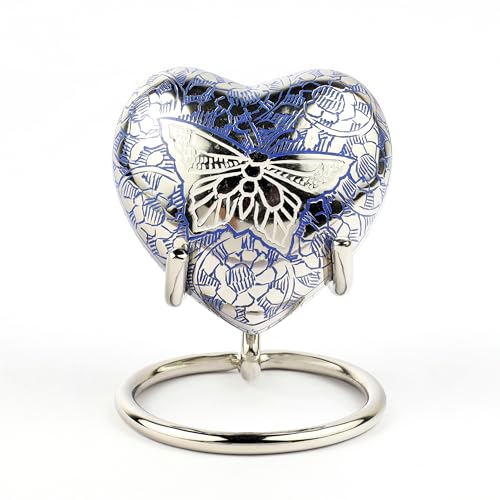 Heart Shaped Brass Small Urn for Human Ashes Keepsake with Engraved Butterfly – Mini Cremation Urn with Velvet Box & Brass Stand – Memorial Keepsake for Ashes of Adult Male, Female and Infant (Blue) - color: Blue