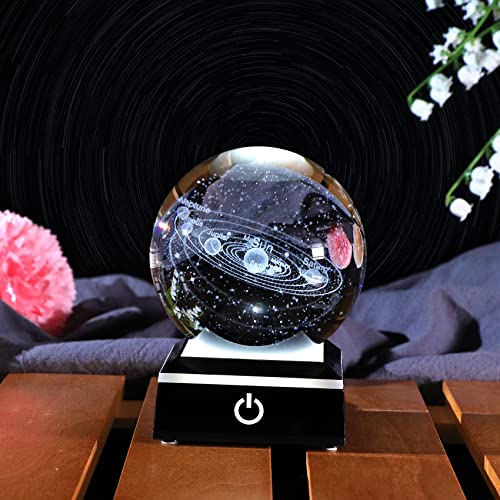 Crystal 3D Solar System Ball Science, Universe Gifts with LED Base 3.15'' - color: Solar system ball with Black LED