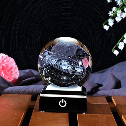 Crystal 3D Solar System Ball Science, Universe Gifts with LED Base 3.15'' - color: Solar system ball with Black LED