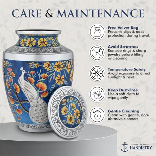 Elegant Peacock Cremation Urn for Human Ashes Adult – Blue Floral Memorial Urn for Men & Women, Handcrafted Metal Funeral Urn, Secure Lid, 200 Cubic Inches - size: 10.1 Inch