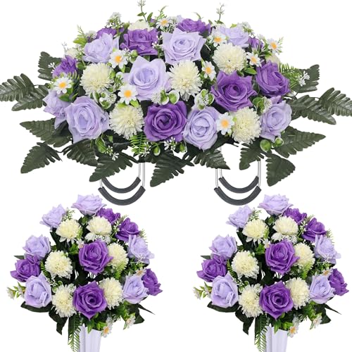 Lodou 3Pack Cemetery Decorations for Grave Large Headstone Flower Saddle Artificial Rose Bouquets with Vases for Outdoor Grave Headstone Decorations(Purple) - color: Purple