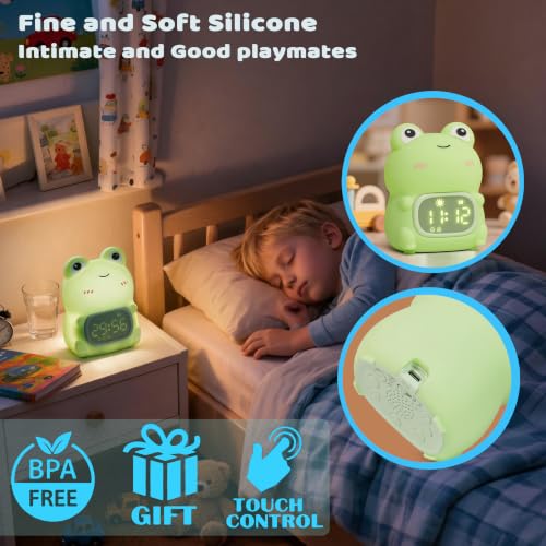 Frog Night Light with Alarm Clock，Frog Gifts with Rechargeable Silicone Lamp Cute Animal Tabletop Lamp, OK to Wake Clock with 9 RGB Color Light, 6 Soothing Sounds, Dual Alarm, for Boys & Girls - style: Frog