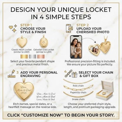 Personalized Printed Photo Locket Necklace for Women and Men, Custom Picture Pendant with Optional Back Engraving, 18K Gold-Plated Heart, Round and Unique Shapes, Memorial Gift - color: Nova